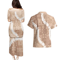 Hawaii Aloha Couples Matching Puletasi and Hawaiian Shirt Beige Quilt Patch Work Mix Plumeria Lei