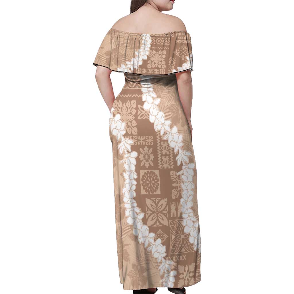 Hawaii Aloha Family Matching Off Shoulder Maxi Dress and Hawaiian Shirt Beige Quilt Patch Work Mix Plumeria Lei