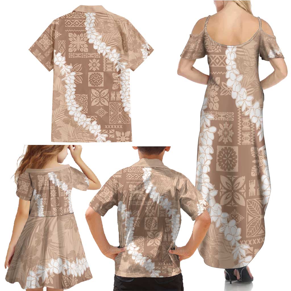Hawaii Aloha Family Matching Summer Maxi Dress and Hawaiian Shirt Beige Quilt Patch Work Mix Plumeria Lei