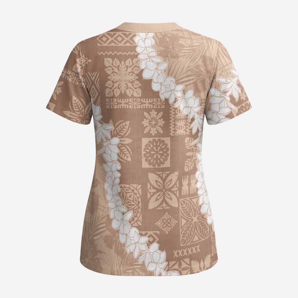 Hawaii Aloha Scrub Top Beige Quilt Patch Work Mix Plumeria Lei - Polynesian Pride