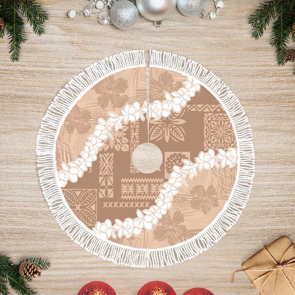 Hawaii Aloha Tree Skirt Beige Quilt Patch Work Mix Plumeria Lei