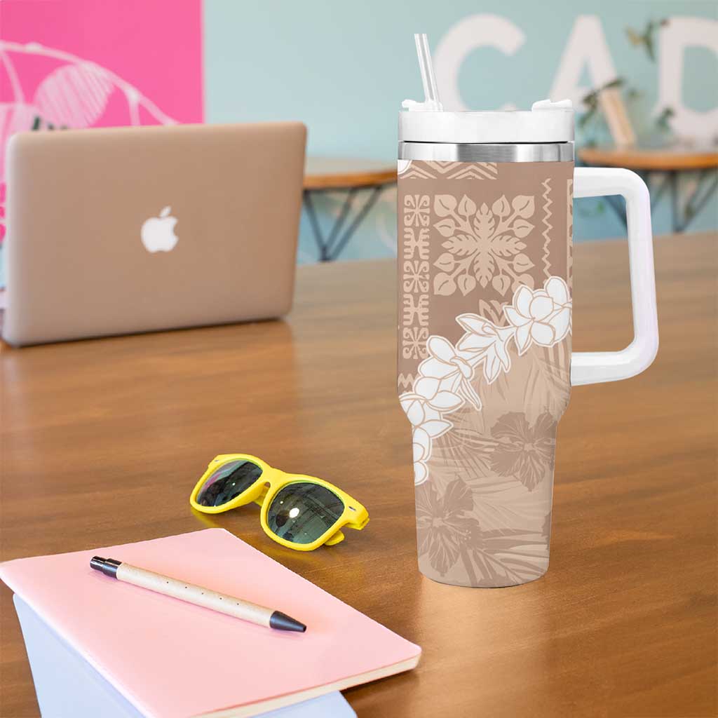Hawaii Aloha Tumbler With Handle Beige Quilt Patch Work Mix Plumeria Lei