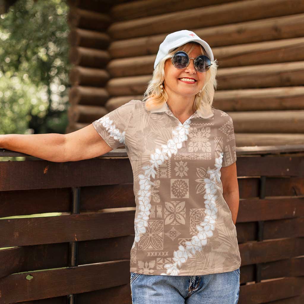 Hawaii Aloha Women Polo Shirt Beige Quilt Patch Work Mix Plumeria Lei