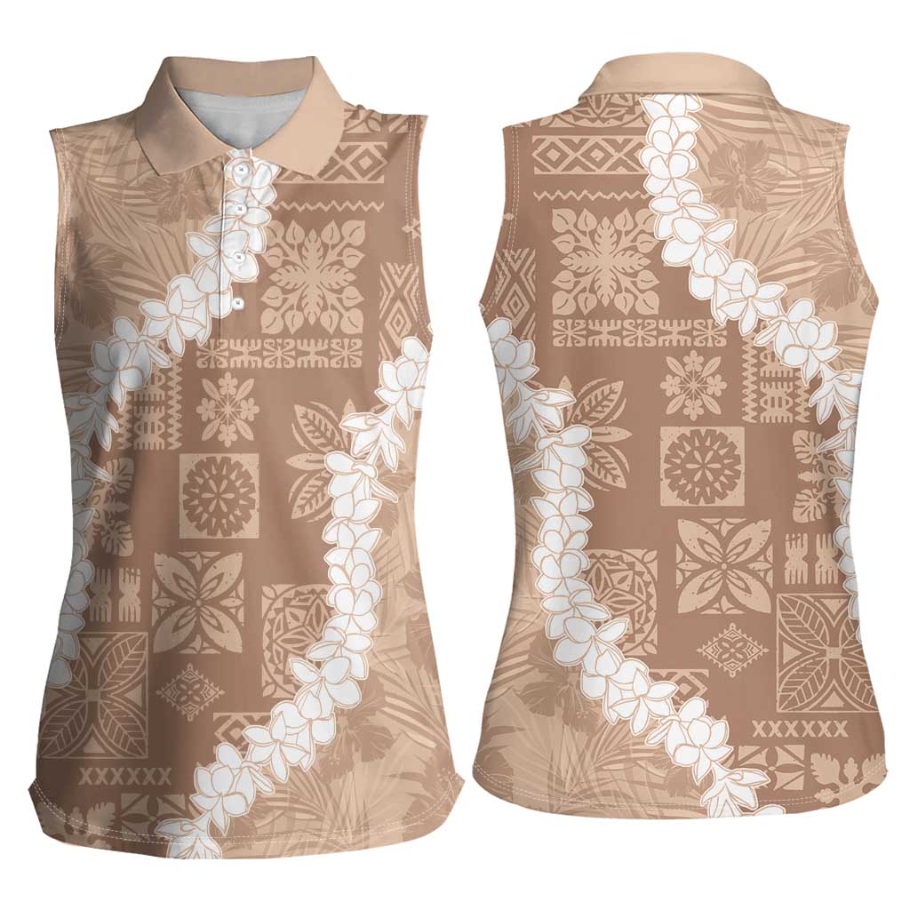 Hawaii Aloha Women Sleeveless Polo Shirt Beige Quilt Patch Work Mix Plumeria Lei