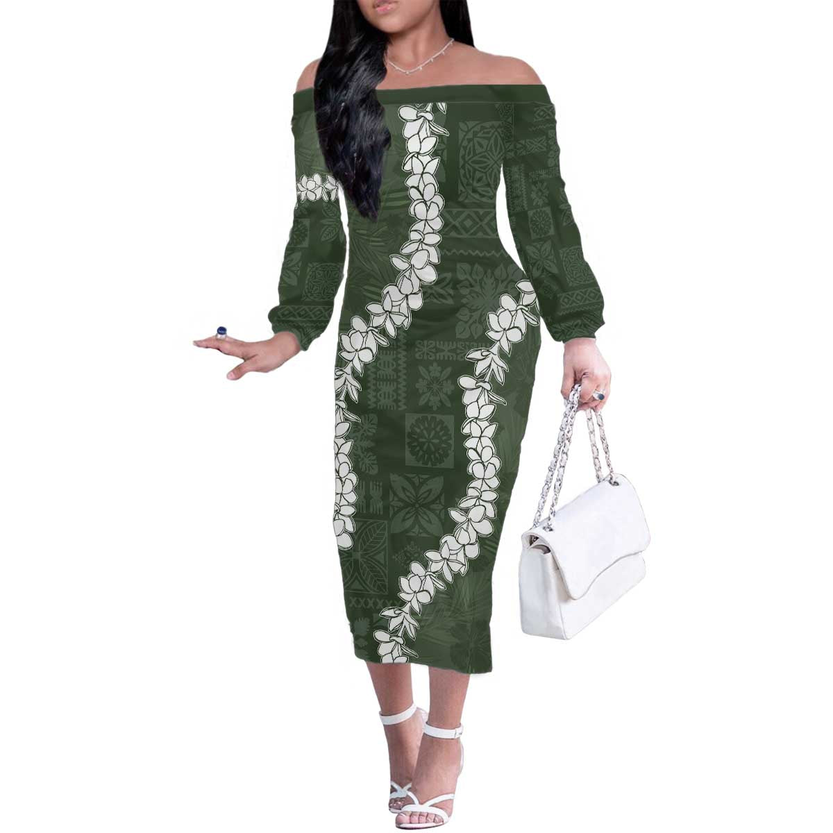 Hawaii Aloha Family Matching Off The Shoulder Long Sleeve Dress and Hawaiian Shirt Sage Quilt Patch Work Mix Plumeria Lei