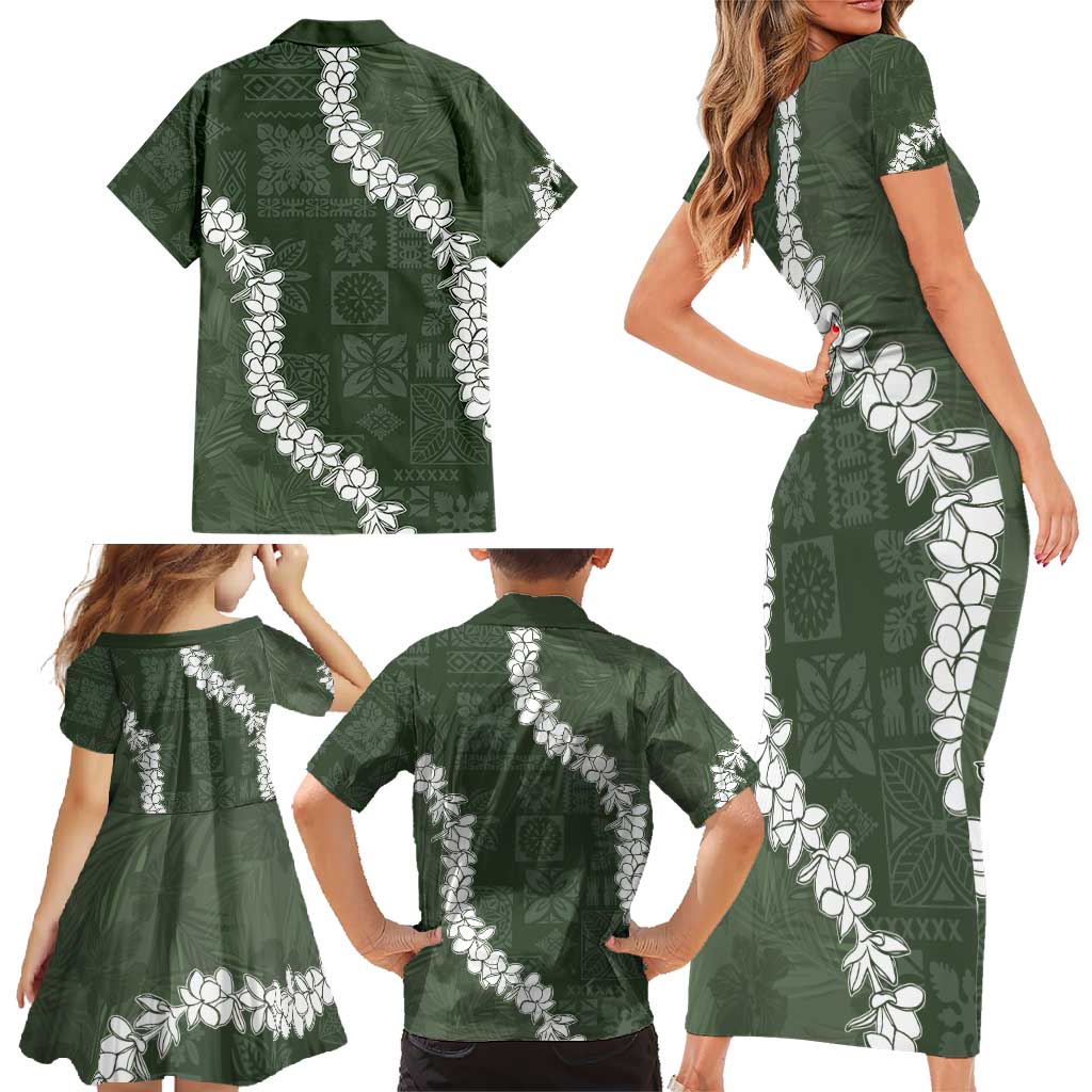 Hawaii Aloha Family Matching Short Sleeve Bodycon Dress and Hawaiian Shirt Sage Quilt Patch Work Mix Plumeria Lei