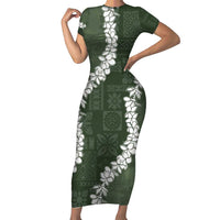 Hawaii Aloha Family Matching Short Sleeve Bodycon Dress and Hawaiian Shirt Sage Quilt Patch Work Mix Plumeria Lei