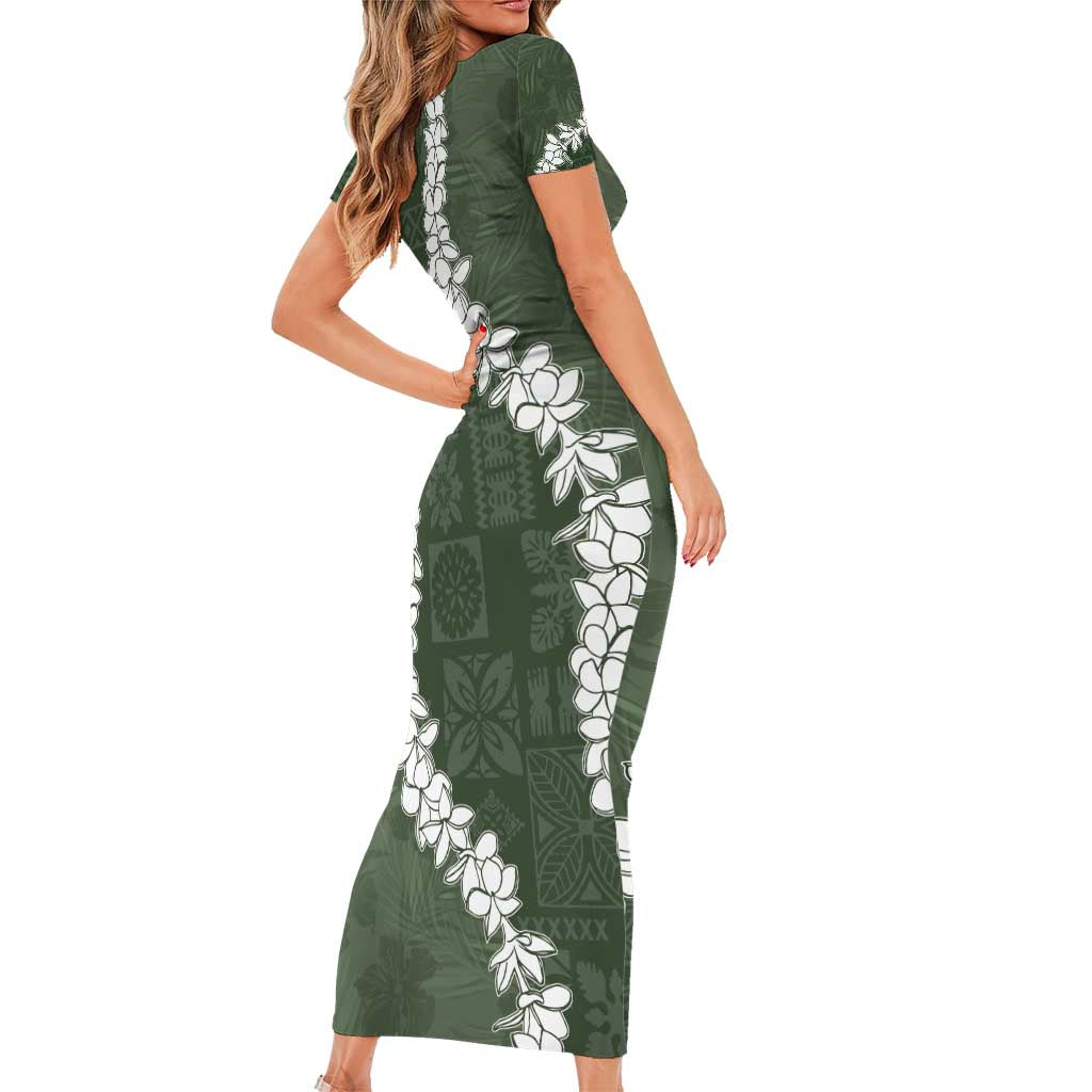 Hawaii Aloha Family Matching Short Sleeve Bodycon Dress and Hawaiian Shirt Sage Quilt Patch Work Mix Plumeria Lei