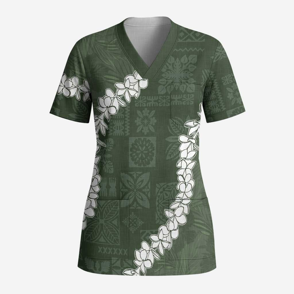 Hawaii Aloha Scrub Top Sage Quilt Patch Work Mix Plumeria Lei - Polynesian Pride
