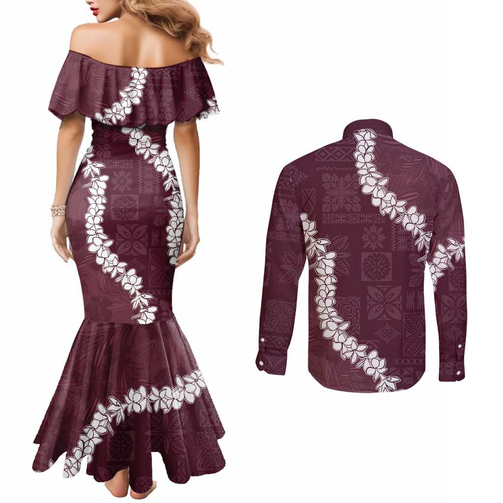 Hawaii Aloha Couples Matching Mermaid Dress and Long Sleeve Button Shirt Champange Quilt Patch Work Mix Plumeria Lei