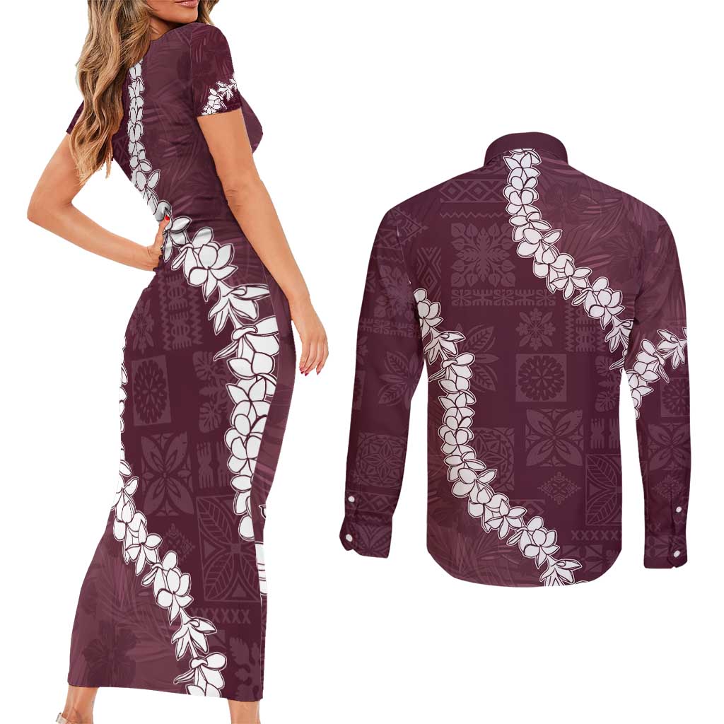 Hawaii Aloha Couples Matching Short Sleeve Bodycon Dress and Long Sleeve Button Shirt Champange Quilt Patch Work Mix Plumeria Lei