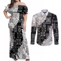 Hawaii Aloha Couples Matching Off Shoulder Maxi Dress and Long Sleeve Button Shirt White Quilt Patch Work Mix Plumeria Lei