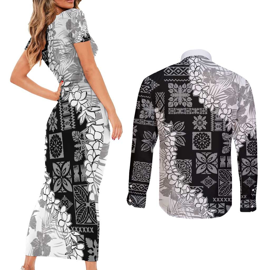 Hawaii Aloha Couples Matching Short Sleeve Bodycon Dress and Long Sleeve Button Shirt White Quilt Patch Work Mix Plumeria Lei