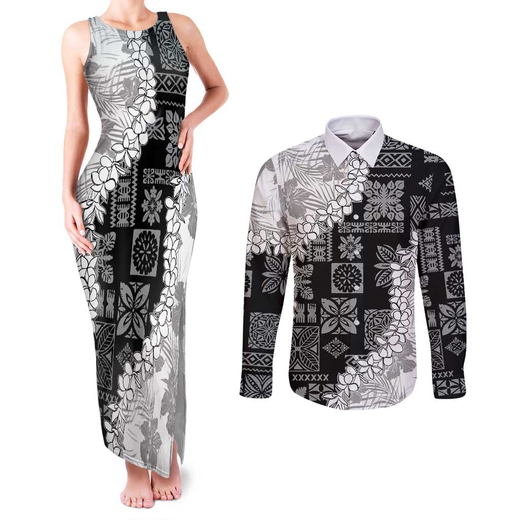 Hawaii Aloha Couples Matching Tank Maxi Dress and Long Sleeve Button Shirt White Quilt Patch Work Mix Plumeria Lei