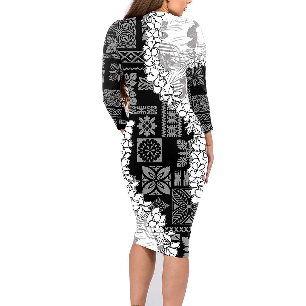 Hawaii Aloha Family Matching Long Sleeve Bodycon Dress and Hawaiian Shirt White Quilt Patch Work Mix Plumeria Lei