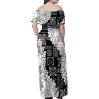 Hawaii Aloha Family Matching Off Shoulder Maxi Dress and Hawaiian Shirt White Quilt Patch Work Mix Plumeria Lei