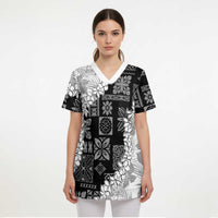 Hawaii Aloha Scrub Top White Quilt Patch Work Mix Plumeria Lei - Polynesian Pride