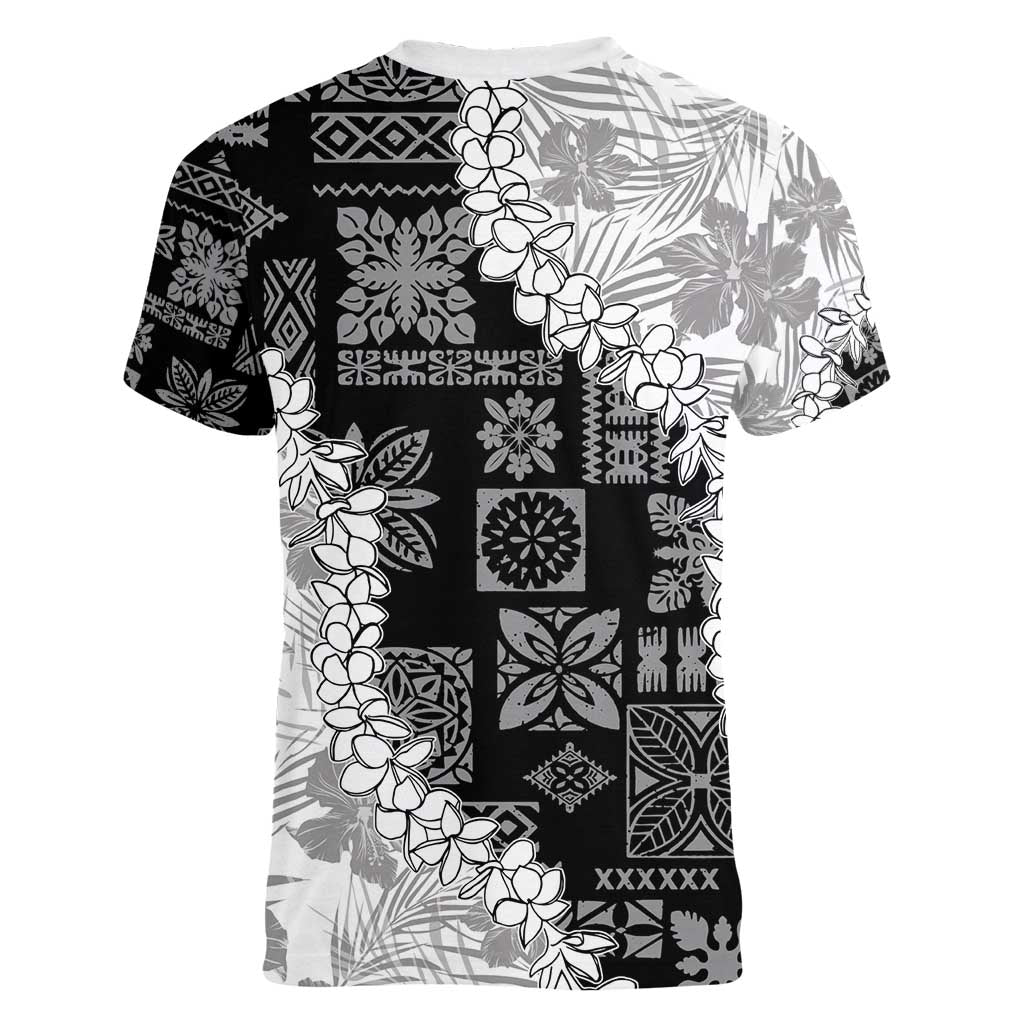 Hawaii Aloha Women V-Neck T-Shirt White Quilt Patch Work Mix Plumeria Lei