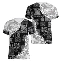 Hawaii Aloha Women V-Neck T-Shirt White Quilt Patch Work Mix Plumeria Lei