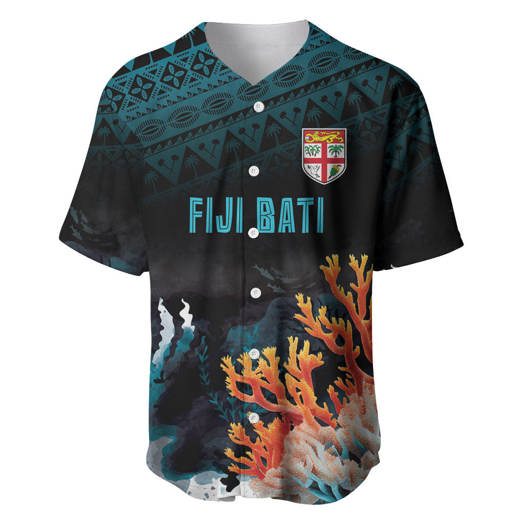 Fiji Bati Rugby Custom Viti Masi Baseball Jersey Coral Motifs LT7 Black Turquoise - Polynesian Pride