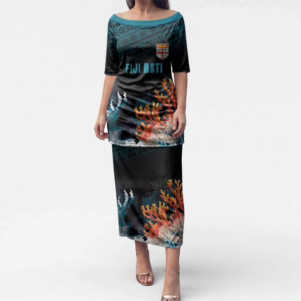 Fiji Bati Rugby Custom Viti Masi Puletasi Coral Motifs LT7 Long Dress Black Turquoise - Polynesian Pride