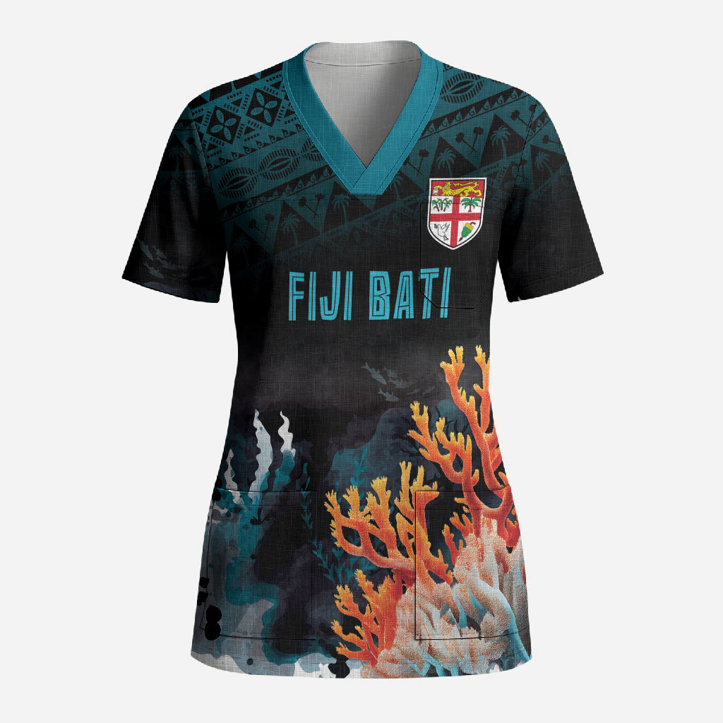 Fiji Bati Rugby Custom Viti Masi Scrub Top Coral Motifs LT7 Adult Black Turquoise - Polynesian Pride