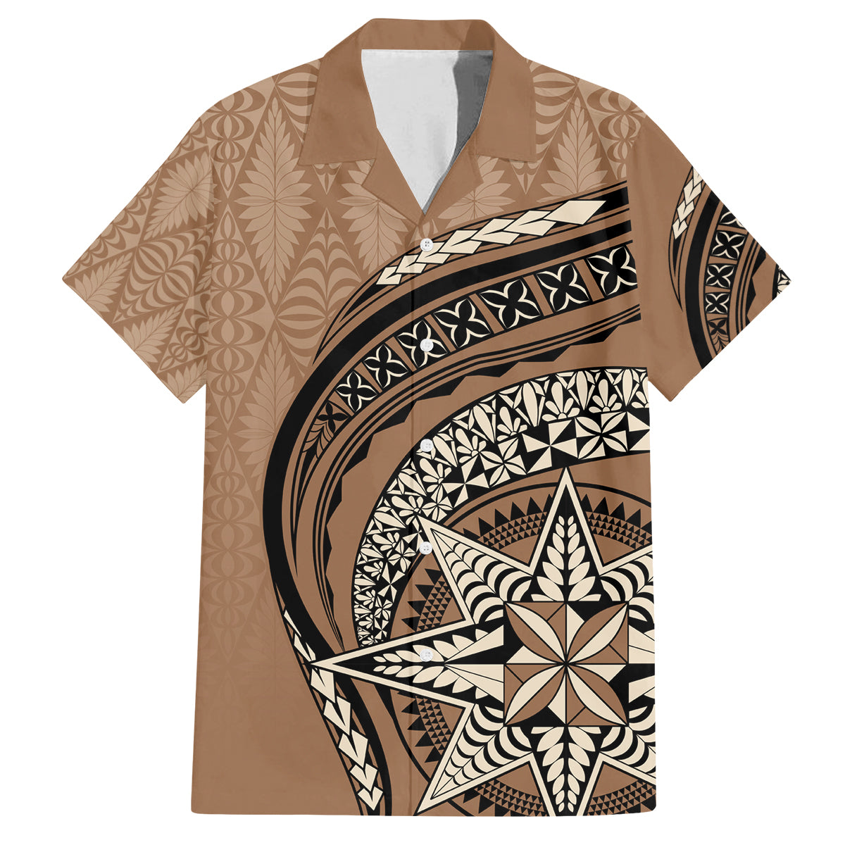 Tonga Ngatu Family Matching Summer Maxi Dress and Hawaiian Shirt Tokelau Classic Motifs LT7 Dad's Shirt - Short Sleeve Brown - Polynesian Pride