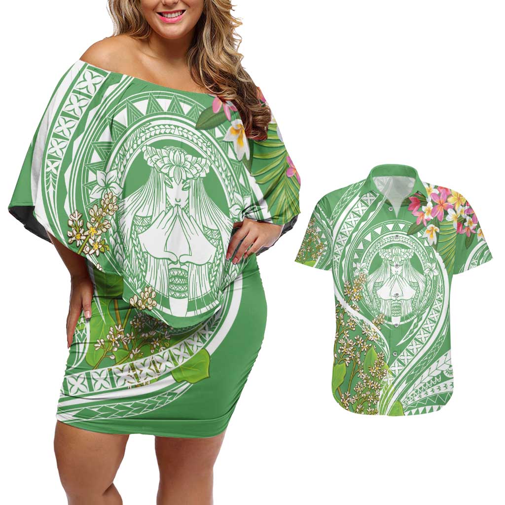 Aloha Molokai Island Couples Matching Off Shoulder Short Dress and Hawaiian Shirt Hawaii Pua Kukui LT7 Green - Polynesian Pride