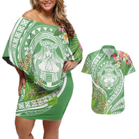 Aloha Molokai Island Couples Matching Off Shoulder Short Dress and Hawaiian Shirt Hawaii Pua Kukui LT7 Green - Polynesian Pride