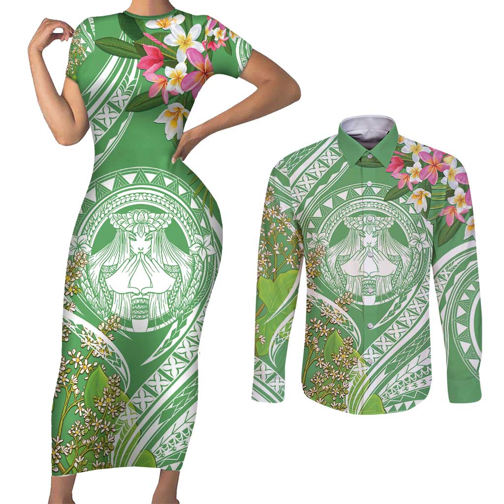 Aloha Molokai Island Couples Matching Short Sleeve Bodycon Dress and Long Sleeve Button Shirt Hawaii Pua Kukui LT7 Green - Polynesian Pride