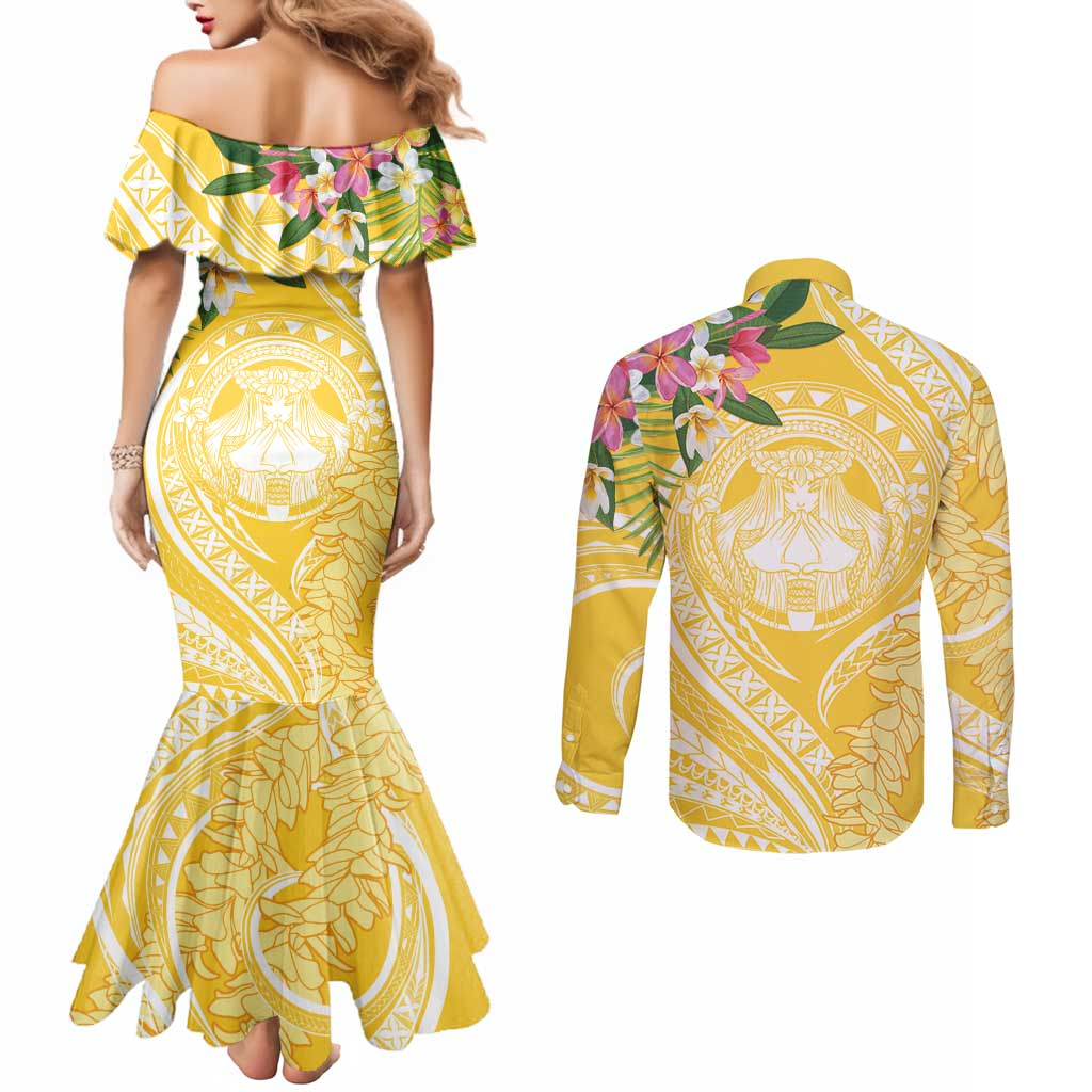 Aloha Hawaii Oahu Couples Matching Mermaid Dress and Long Sleeve Button Shirt Wahine with Ilima Lei