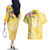 Aloha Hawaii Oahu Couples Matching Off The Shoulder Long Sleeve Dress and Hawaiian Shirt Wahine with Ilima Lei
