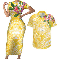 Aloha Hawaii Oahu Couples Matching Short Sleeve Bodycon Dress and Hawaiian Shirt Wahine with Ilima Lei