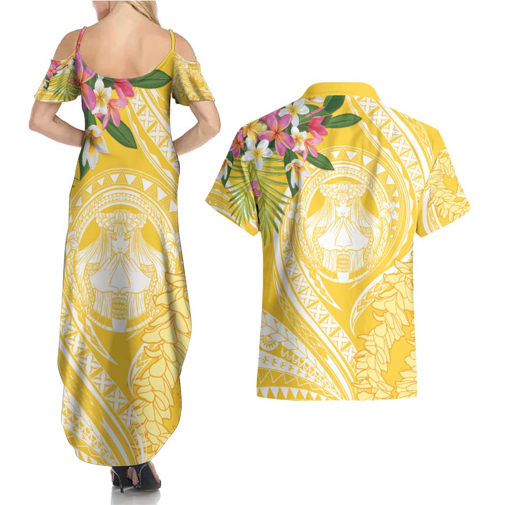 Aloha Hawaii Oahu Couples Matching Summer Maxi Dress and Hawaiian Shirt Wahine with Ilima Lei