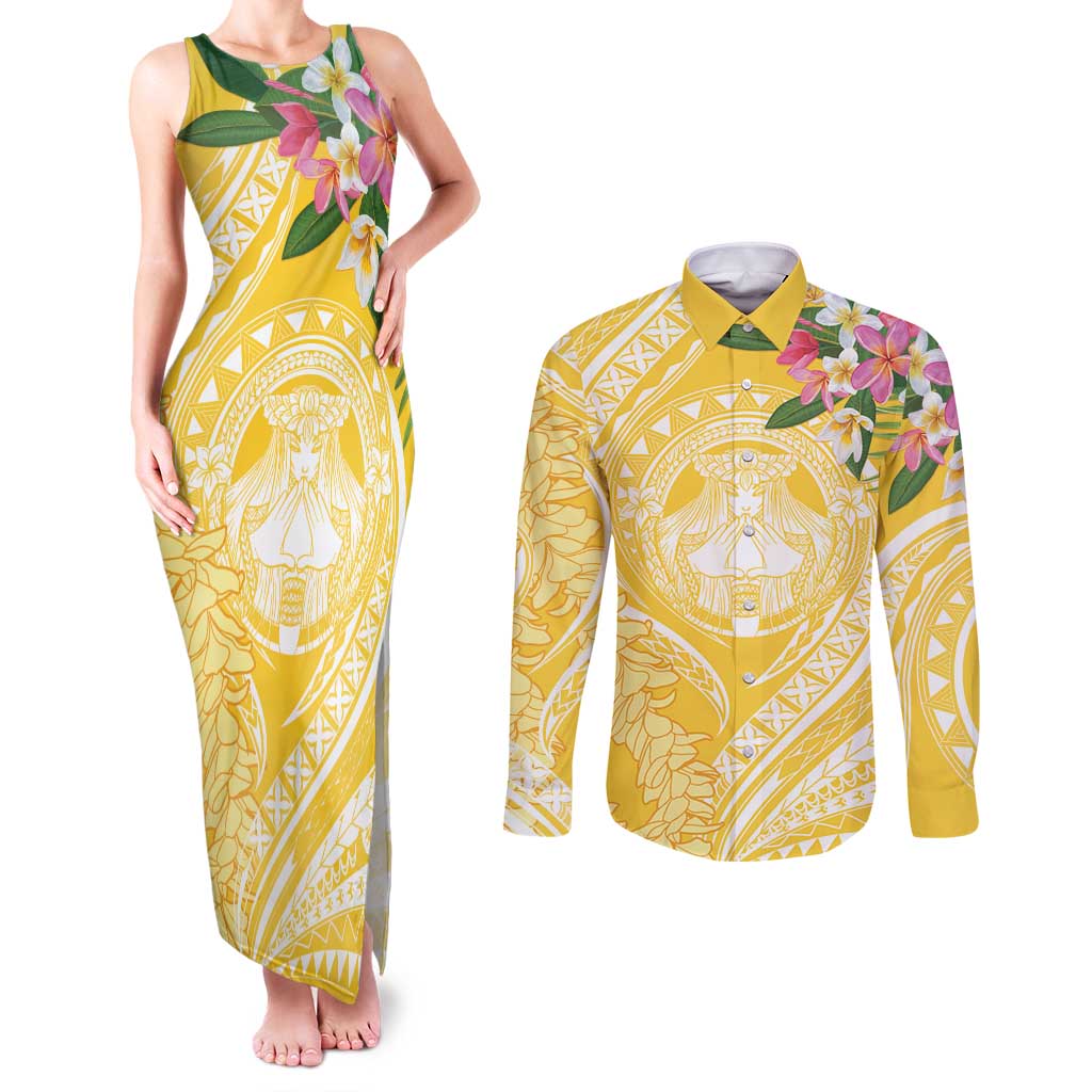 Aloha Hawaii Oahu Couples Matching Tank Maxi Dress and Long Sleeve Button Shirt Wahine with Ilima Lei