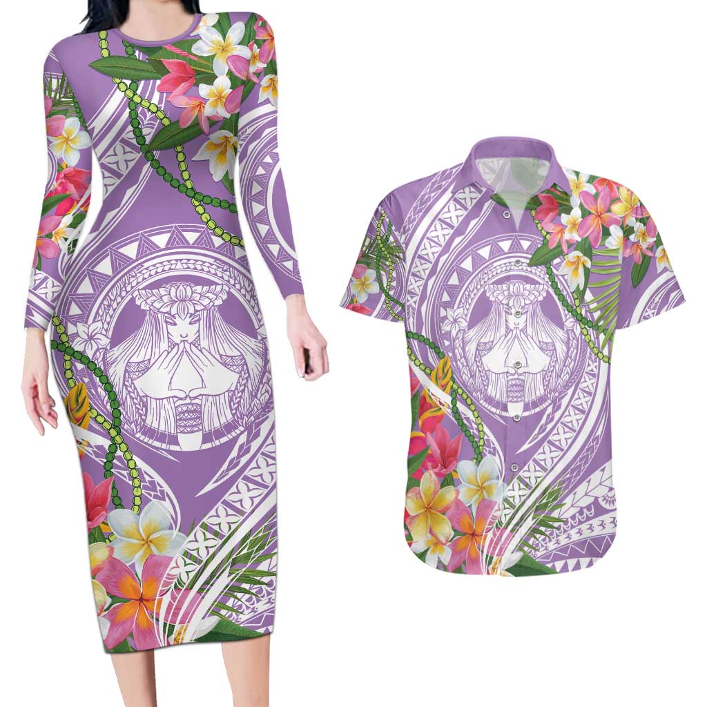 Aloha Hawaii Kauai Couples Matching Long Sleeve Bodycon Dress and Hawaiian Shirt Frangipani Mix Mokihana Lei