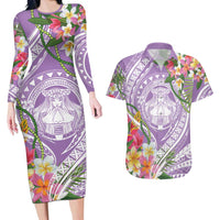 Aloha Hawaii Kauai Couples Matching Long Sleeve Bodycon Dress and Hawaiian Shirt Frangipani Mix Mokihana Lei