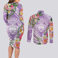 Aloha Hawaii Kauai Couples Matching Long Sleeve Bodycon Dress and Long Sleeve Button Shirt Frangipani Mix Mokihana Lei
