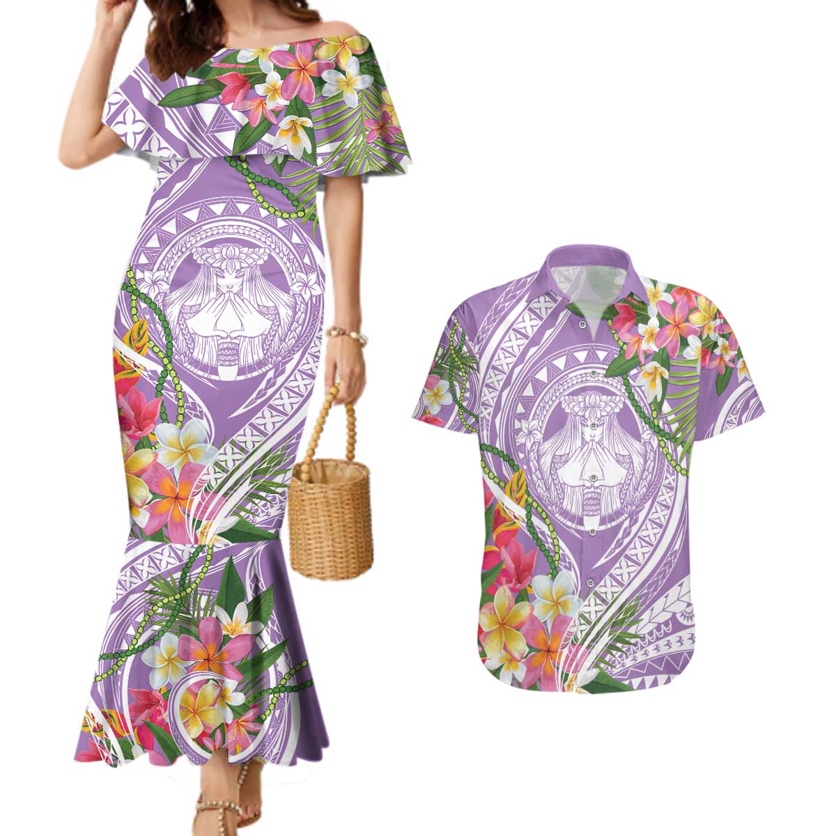 Aloha Hawaii Kauai Couples Matching Mermaid Dress and Hawaiian Shirt Frangipani Mix Mokihana Lei