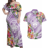 Aloha Hawaii Kauai Couples Matching Off Shoulder Maxi Dress and Hawaiian Shirt Frangipani Mix Mokihana Lei