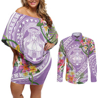 Aloha Hawaii Kauai Couples Matching Off Shoulder Short Dress and Long Sleeve Button Shirt Frangipani Mix Mokihana Lei