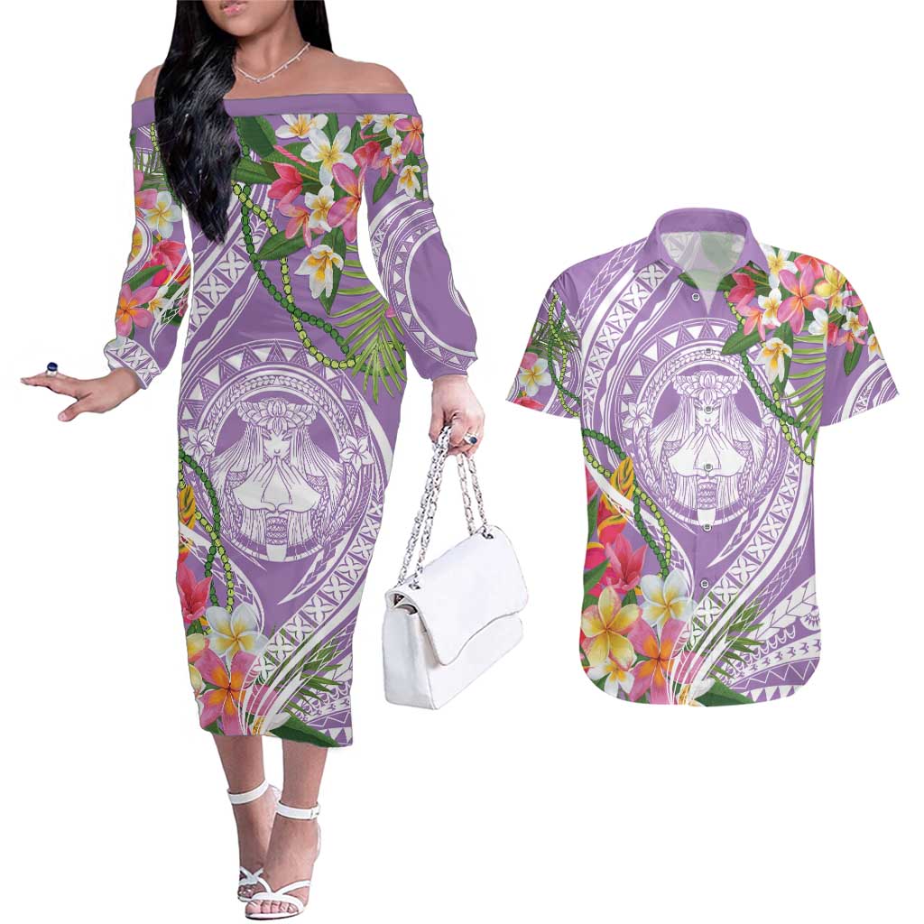 Aloha Hawaii Kauai Couples Matching Off The Shoulder Long Sleeve Dress and Hawaiian Shirt Frangipani Mix Mokihana Lei