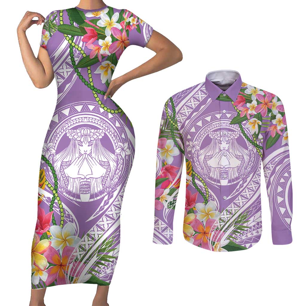 Aloha Hawaii Kauai Couples Matching Short Sleeve Bodycon Dress and Long Sleeve Button Shirt Frangipani Mix Mokihana Lei