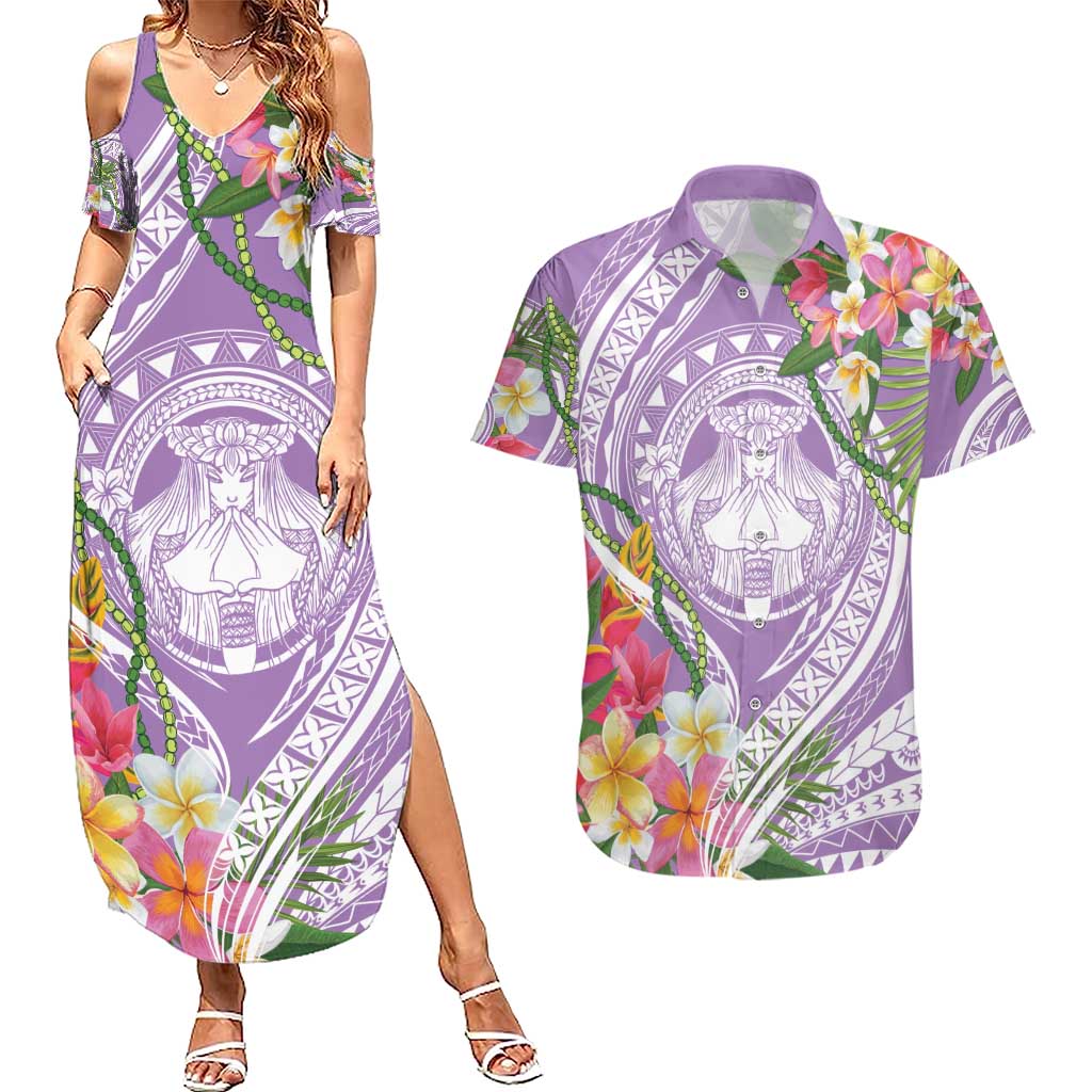 Aloha Hawaii Kauai Couples Matching Summer Maxi Dress and Hawaiian Shirt Frangipani Mix Mokihana Lei