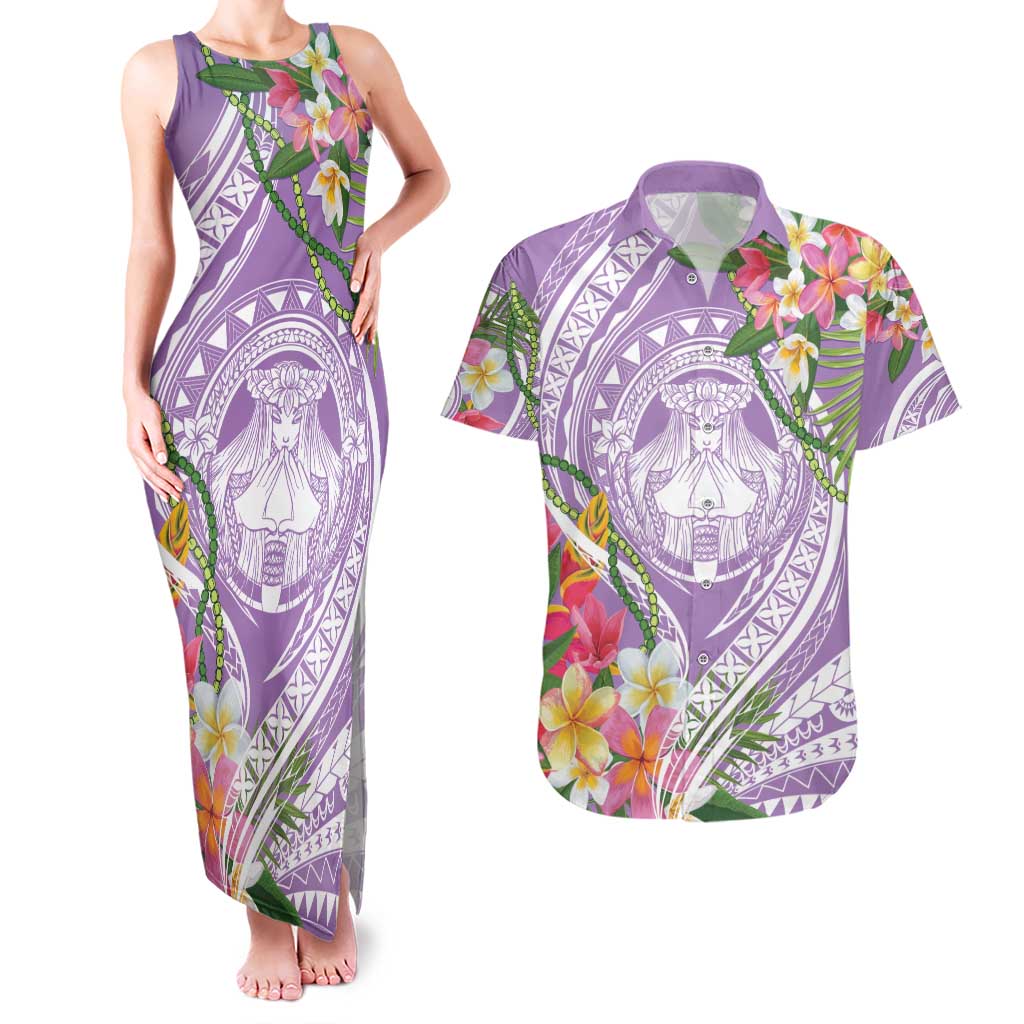 Aloha Hawaii Kauai Couples Matching Tank Maxi Dress and Hawaiian Shirt Frangipani Mix Mokihana Lei