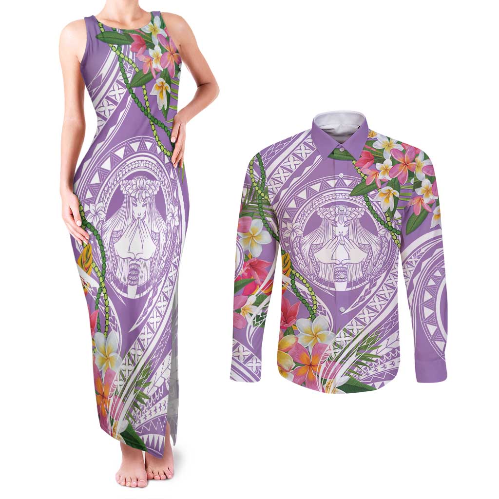 Aloha Hawaii Kauai Couples Matching Tank Maxi Dress and Long Sleeve Button Shirt Frangipani Mix Mokihana Lei