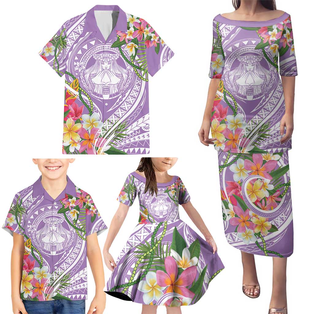 Aloha Hawaii Kauai Family Matching Puletasi and Hawaiian Shirt Frangipani Mix Mokihana Lei