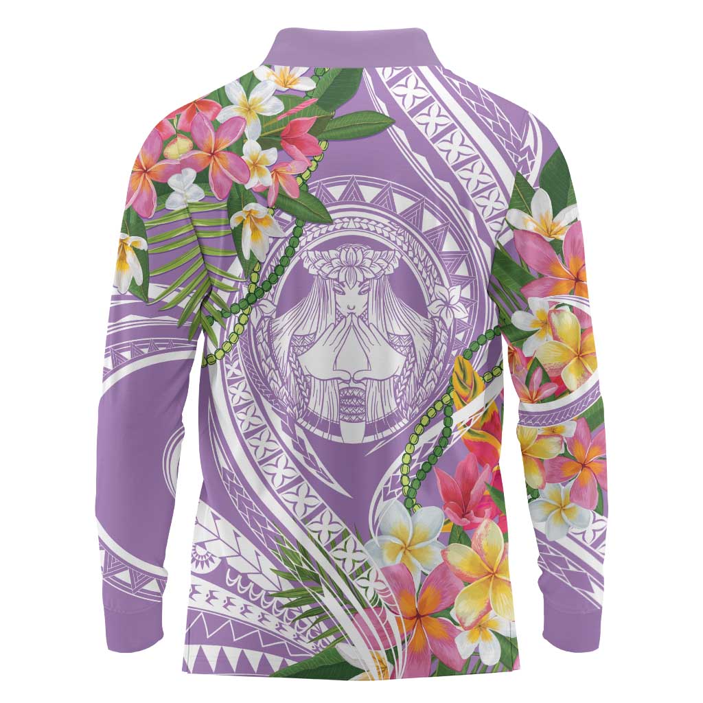 Aloha Hawaii Kauai Long Sleeve Polo Shirt Frangipani Mix Mokihana Lei