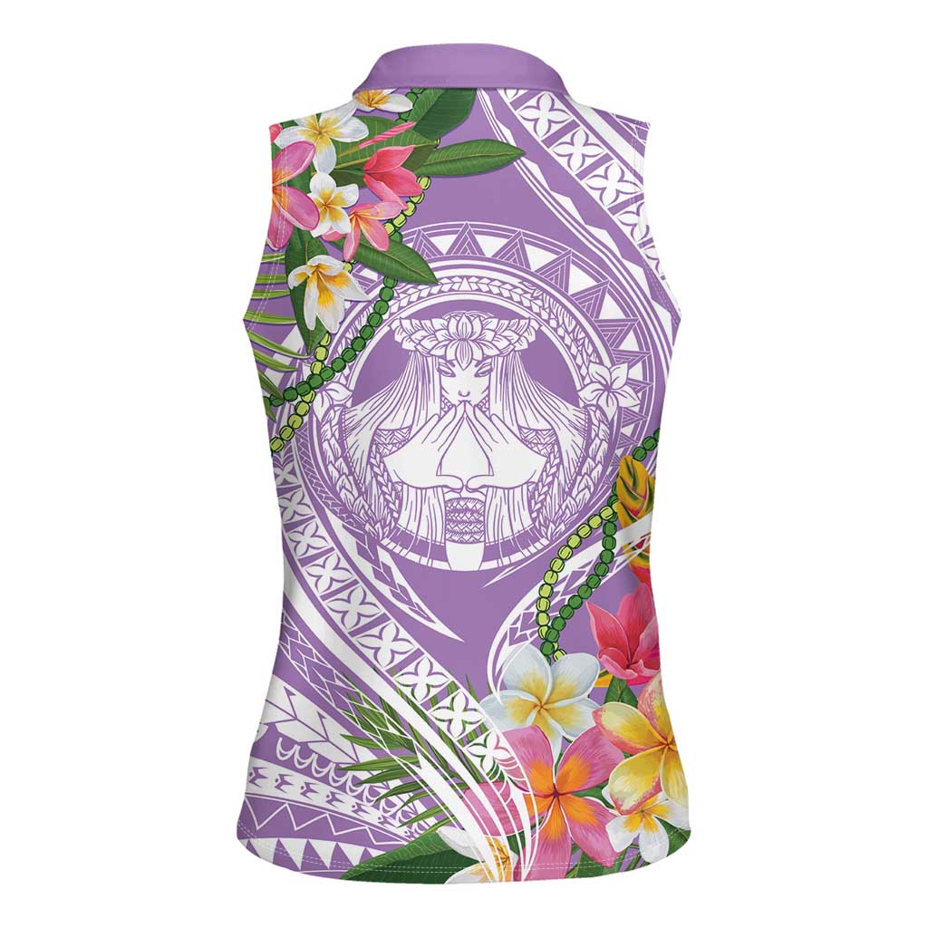 Aloha Hawaii Kauai Women Sleeveless Polo Shirt Frangipani Mix Mokihana Lei