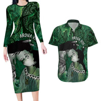 New Zealand Aroha Koe Mama Couples Matching Long Sleeve Bodycon Dress and Hawaiian Shirt Maori Hongi - Pounamu